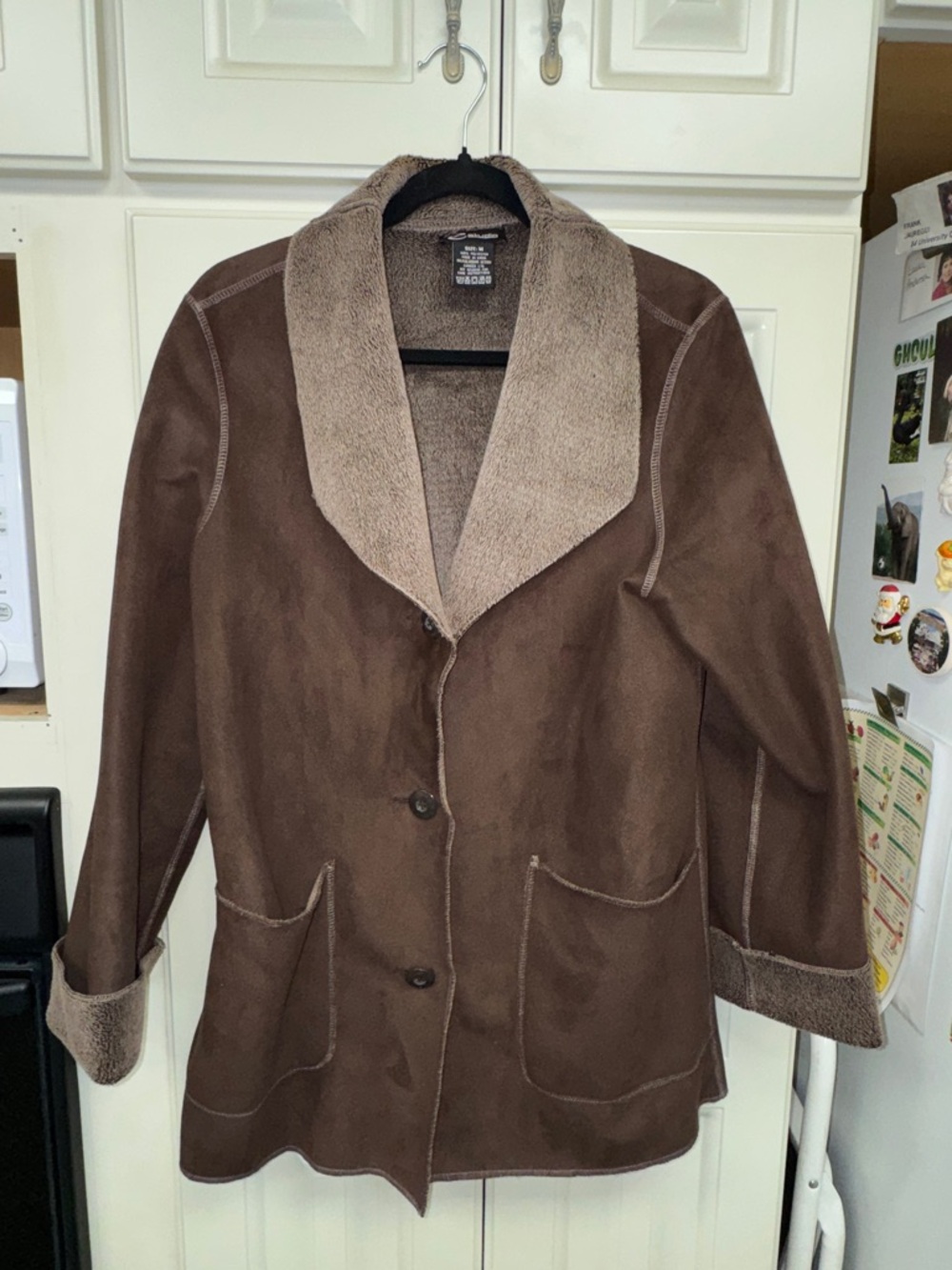 Brown Faux Fur Lined Coat with Contrast Collar and Faux suede